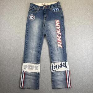 Vtg Pepe Jeans 73 London Women's 24 Baggy Embroidered Patch Blue Knee Pocket Y2K